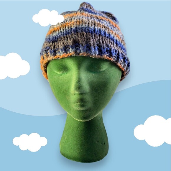 Unbranded Beanie Hat Cap Blue Gray Orange Stripe Nightfall Snow Hike Ski Stretch - Picture 1 of 6